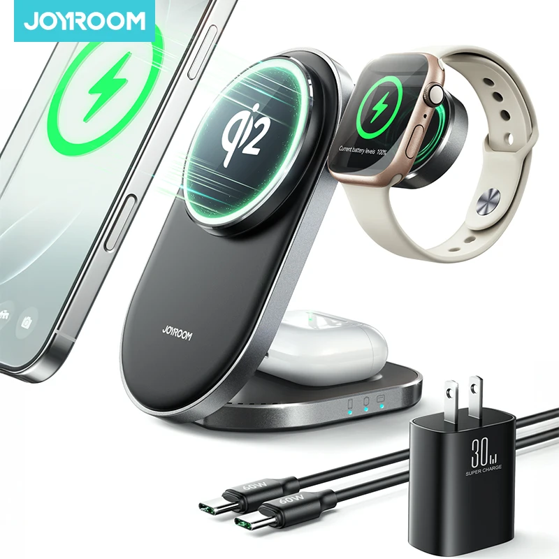 

Joyroom Qi2 3 in 1 Wireless Charging Station Foldable Fast Wireless Charger Stand for iPhone 16/15/14/13/12 & Apple Watch JR-W17