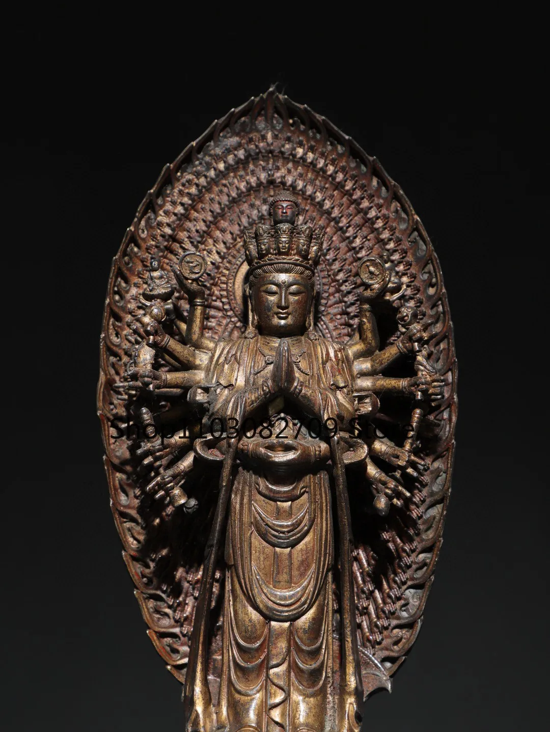 Tibetan brass mud gold cinnabar painted backlight thousand-handed Guanyin Bodhisattva sitting statue ornament home Buddhist hall