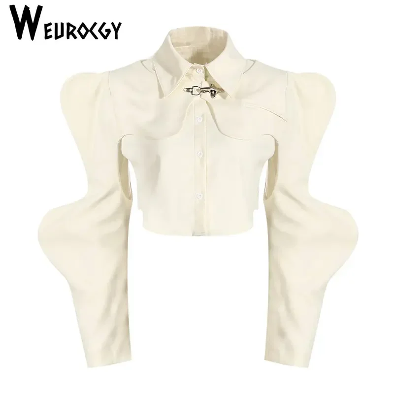 Women Shaped Irregular Short Blouse Two Piece Set 2023 Spring Autumn New Style Lapel Long Sleeve Loose Fit Fashion Tide Shirt