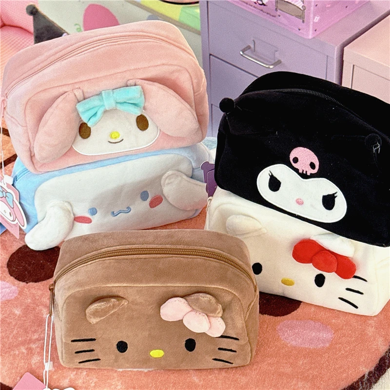 Sanrio Hello Kitty Pencil Case Kuromi Melody Large Capacity Women Cosmetic Bag student Stationery Storage Box Plush Toys Gifts