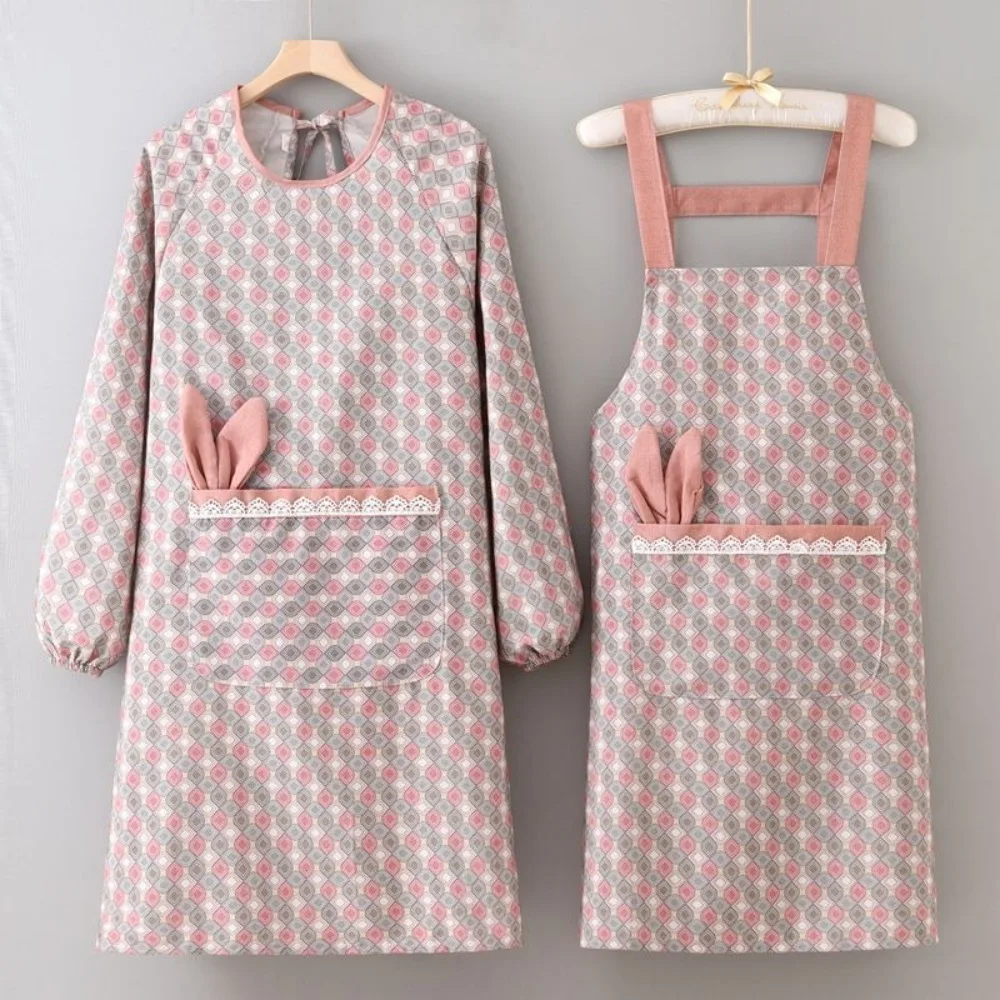 Fashion Cute Cooking Apron Rabbit-ear Pattern Large Pockets Baking Overalls Oil-Proof Canvas Household Apron for Adult