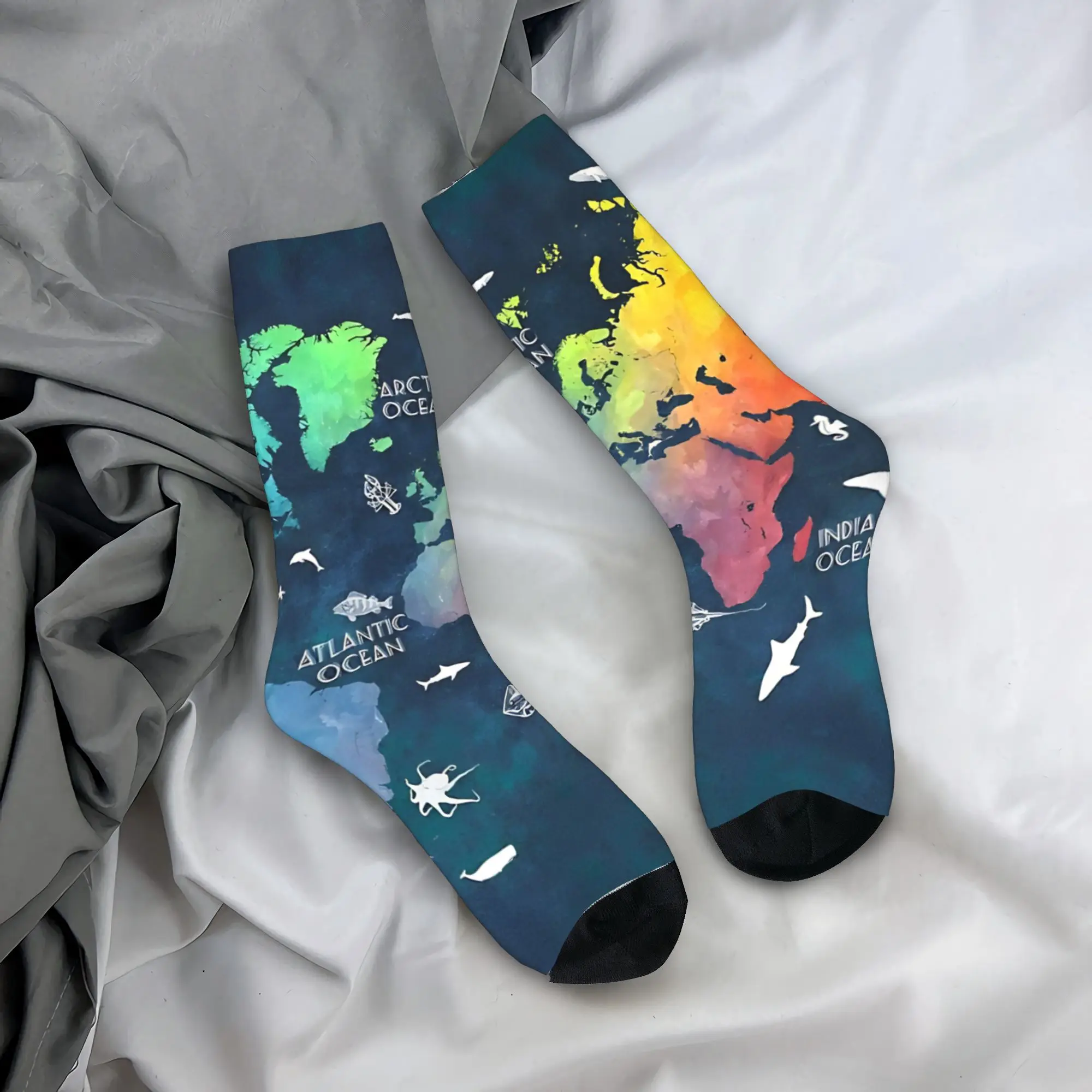 

Oceans Life World Map Colored Stockings Men Socks Soft Elegant Socks Autumn Running Sports Anti Bacterial Graphic Socks