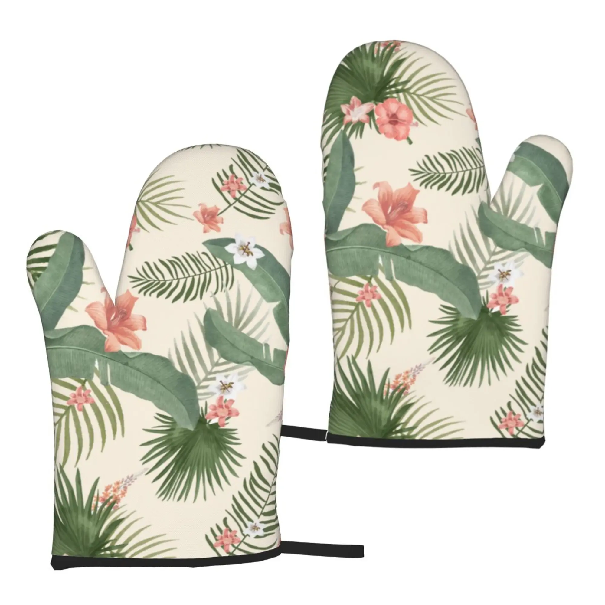 

Hawaii Hibiscus Flowers Palm Oven Mitts 2pc Heat Resistant Gloves Kitchen Decor Set for Cooking Baking Cooking Grilling