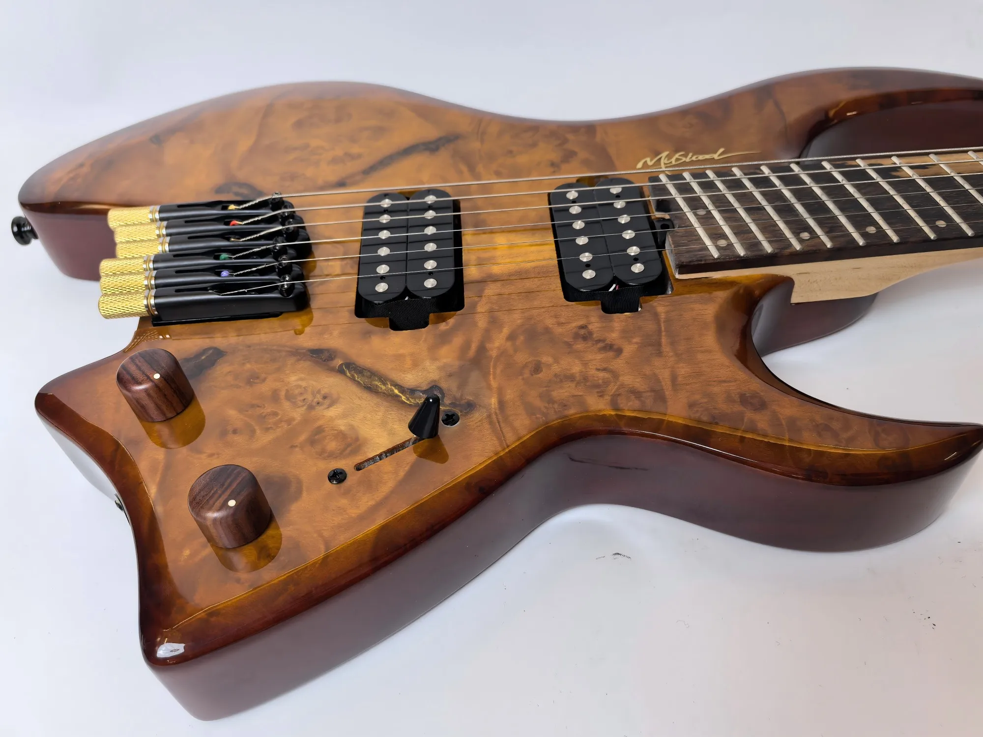 Factory directly selling, African peach heartwood, headless electric guitar, sour tree fingerboard, in stock , can customized