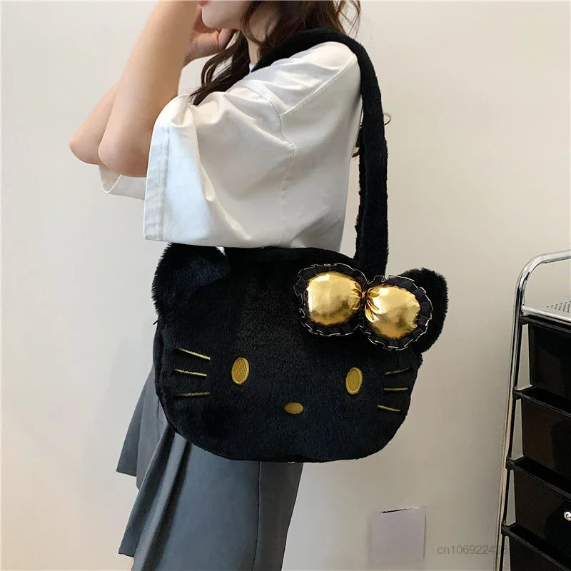 Sanrio Hello Kitty Black Plush Handbags Women Cartoon Soft Cute Bags Y2k Girl New Japan Korean Trendy Shoulder Bag High Capacity