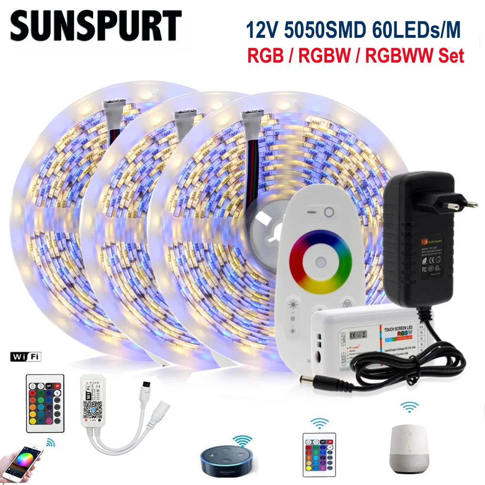 

5-100M WiFi/IR/RF2.4G Touch Set LED Strip Light RGB SMD2835 5050 RGBW/RGBWW 60leds/M LED Strip DC12V+ Remote Control+ Adapter EU