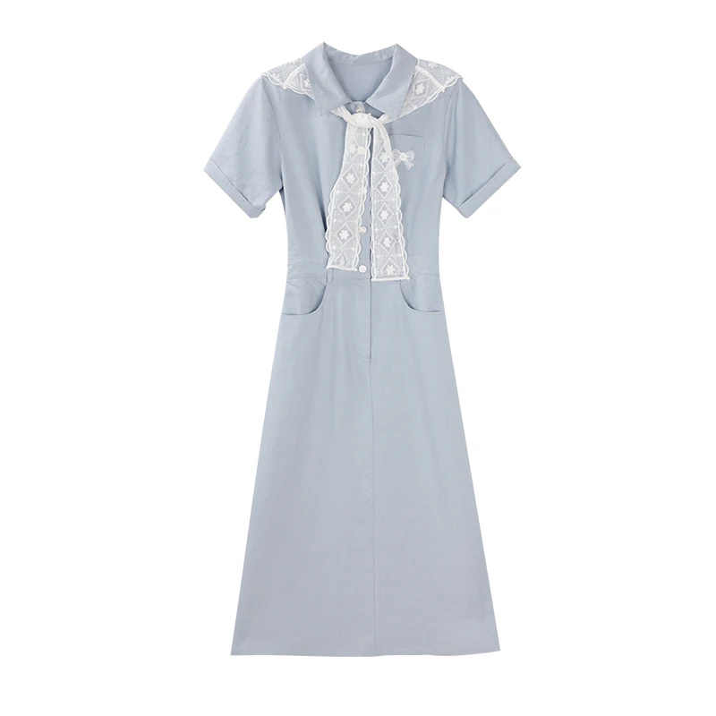 ALXNAN حجم كبير فستان أزرق طويل أنيق ليوسيل قميص فستان المرأة 2025 الدانتيل شال عطلة ملابس السيدات غير رسمية D10851