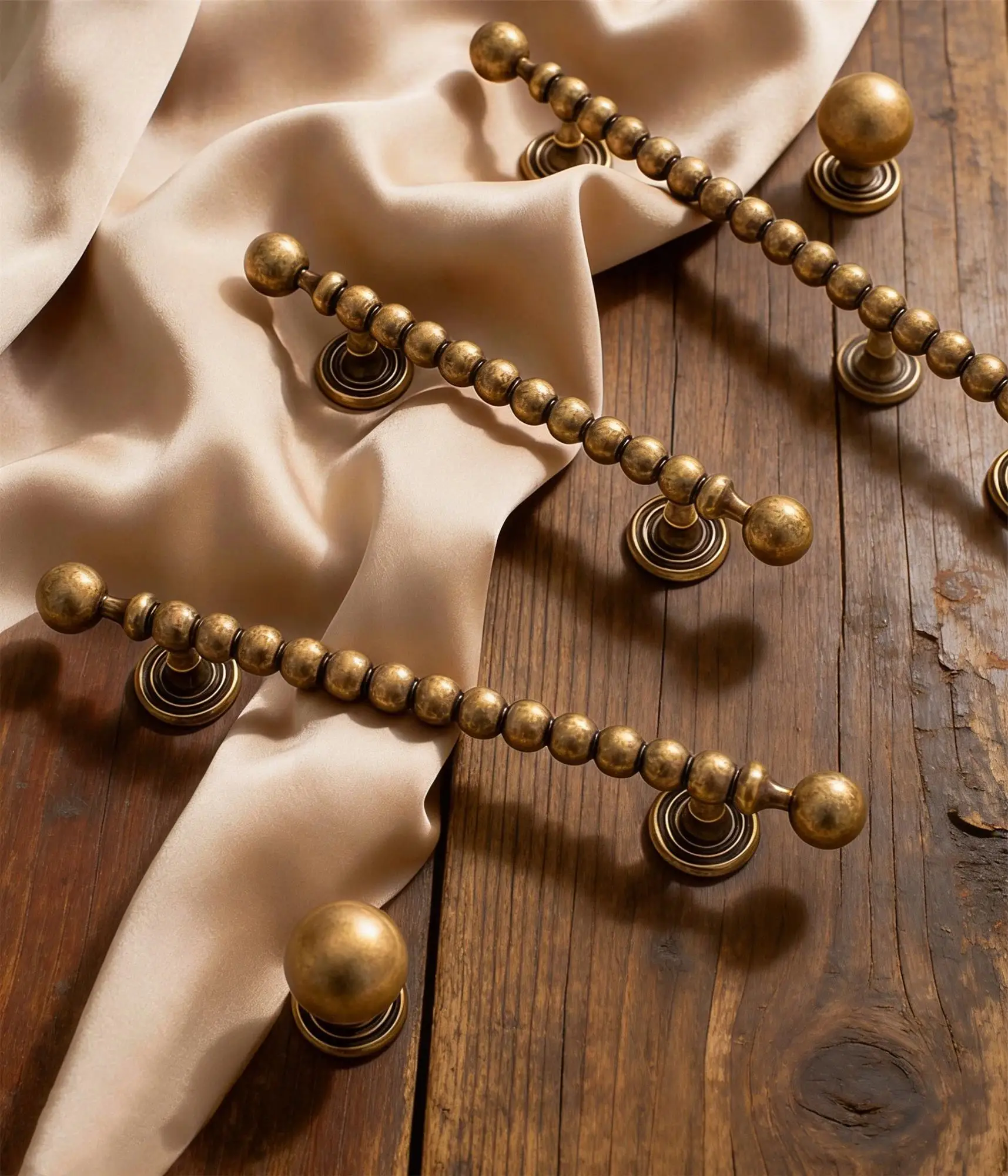 

Vintage Beaded Brass Cabinet Handles Set - Antique Bronze Drawer Pulls with Matching Round Knobs, Timeless Furniture Hardware
