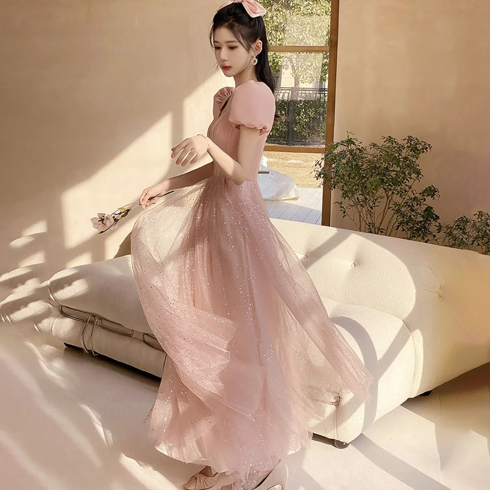 Pink Bridesmaid Dresses for Women Long Puffy Sleeve Corest Tulle Evening Dress for Wedding Guest Square Neck вечернее платье