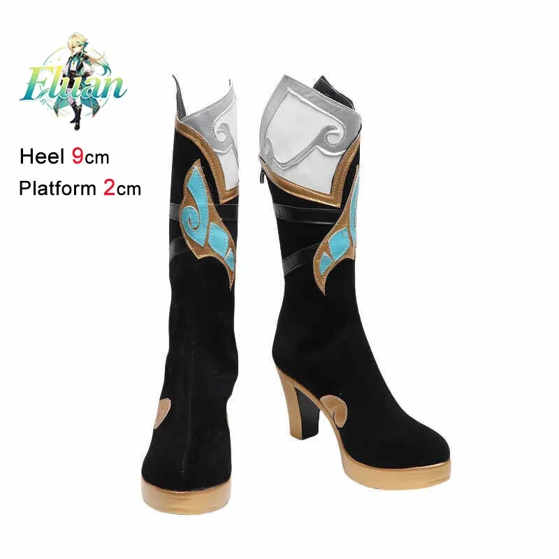 

Black Patent Leather Women and Men Mid-Calf Boots Chunky Heel Coarse Heel Anime Cosplay Shoes For Halloween Themed Events Custom