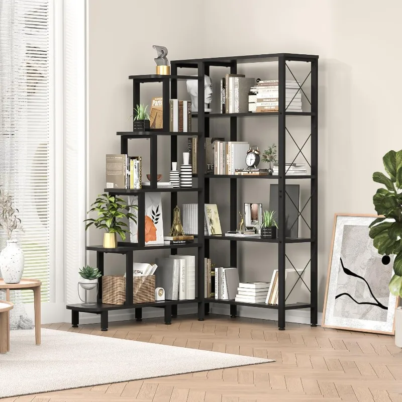 PONROL Corner Bookshelf Bookcase, Large Reversible 5 Tier Ladder Shelves Storage Display Rack with Metal Frame, Black