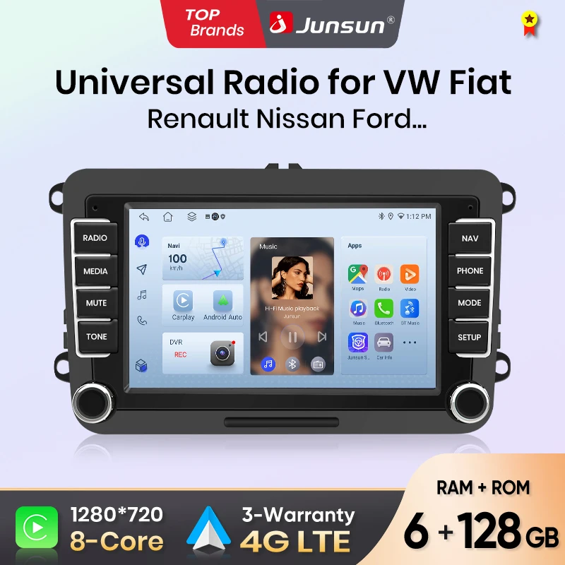 Autoradio Junsun sans fil CarPlay Android Auto de 7 pouces pour Vw Volkswagen Passat B6 B7 T5 Tiguan Touran Golf Polo, ventilateur de refroidissement intégré, navigation GPS Android, lecteur multimédia, WiFi, DSP, RDS, BT, SWC, écran tactile IPS, autoradio, lecteur vidéo, unité principale, stéréo