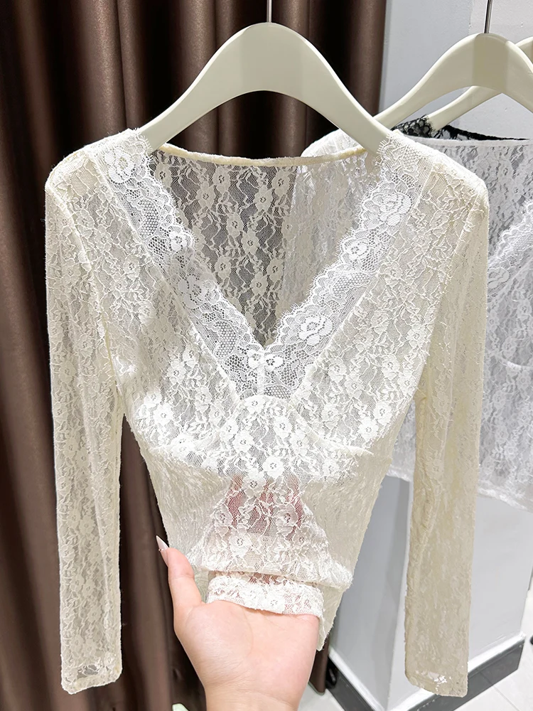 

Ele Lace Trim V-Ne Base irt Women's Spring New Unique Faionable Inner Wear Me Thin Top Sexy Sle Slim Fit Long S...