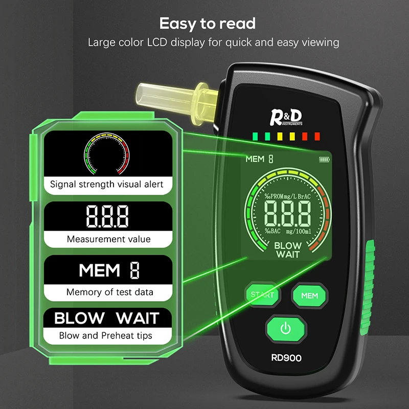 R&D RD900 Alcohol Tester Rechargeable Digital Breath Tester Breathalyzer Gas Alcohol Detector for Personal & Professional Use