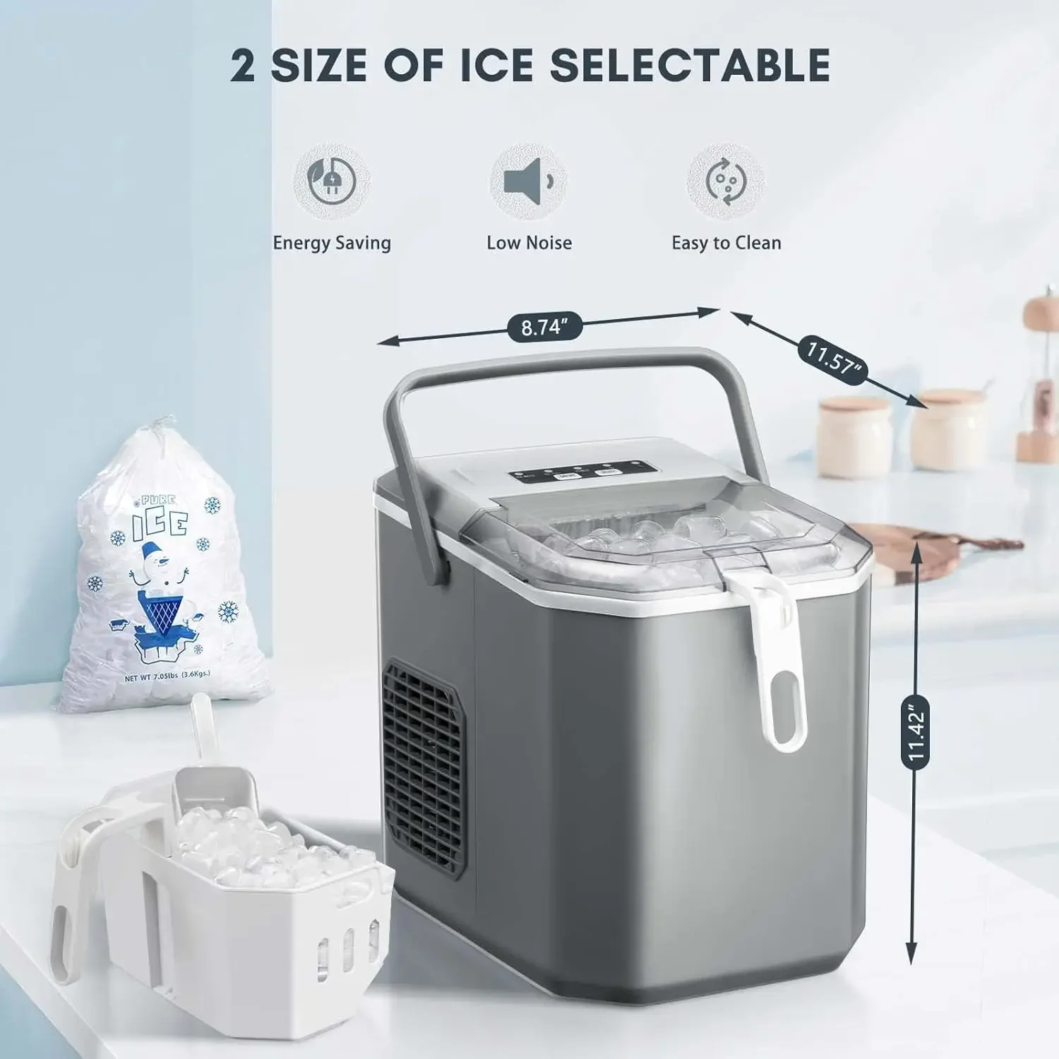 Countertop Ice Maker,Portable Ice Machine with Carry Handle,Self-Cleaning,Basket and Scoop,9 Cubes in 6 Mins,26.5lbs/24Hrs