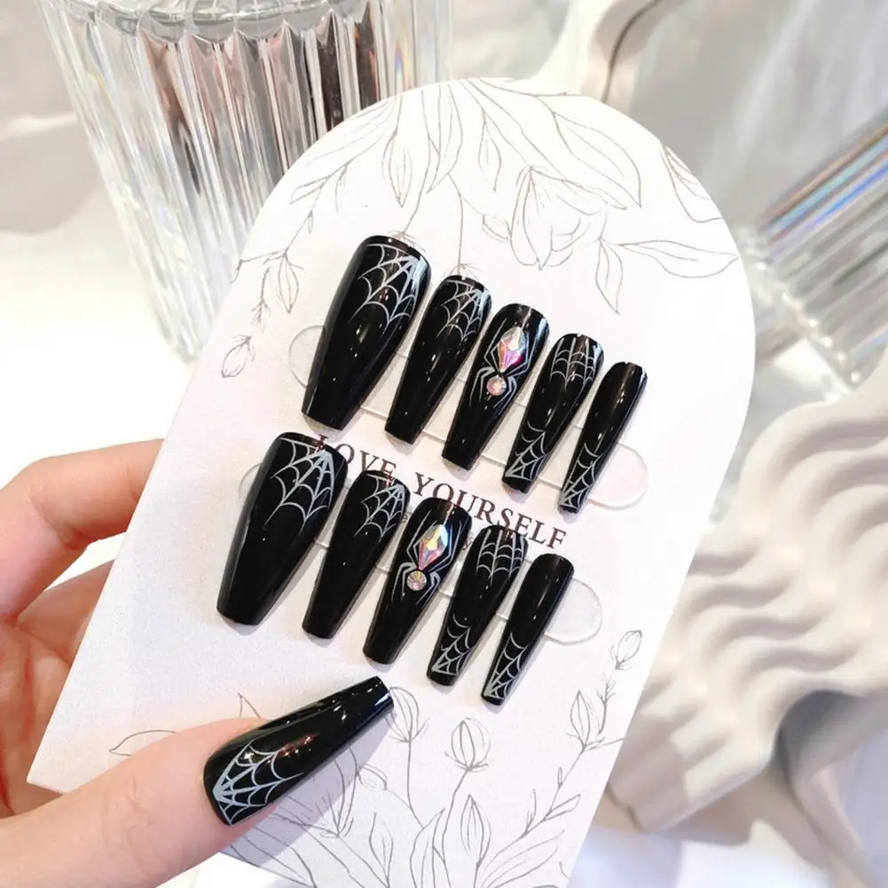 Press-on Fake Nails Easy Apply Fake Nails Black Spider Web Fake Nails Set with Glue Long Nail Extension for Women for Halloween