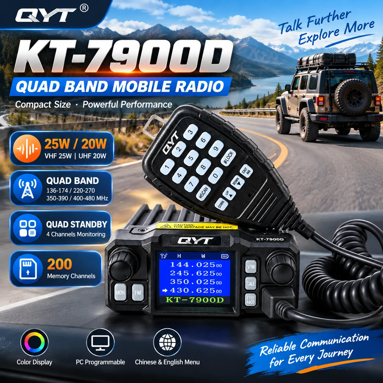 QYT KT-7900D Quad Band Mobile Radio 25W VHF 20W UHF 200 Channels Quad Standby Color Screen PC Programmable Car Two Way Radio