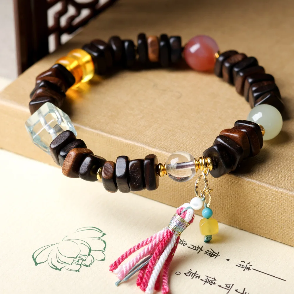 Handmade Dalagan Agarwood Bracelet with Beeswax South Red Agate and White Agate Square Beads Gifts