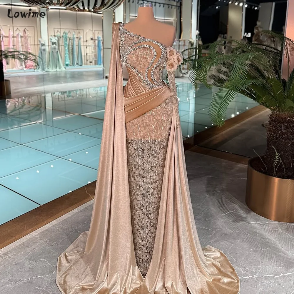 

Champagne Asymmetrical Neckline Rhinestone Evening Dress Velvet Train Off-The-Shoulder Floral Sleeves Fitted Dress Cocktail Gown