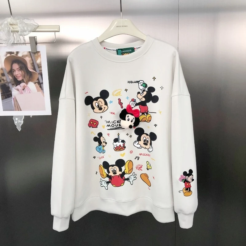 

American Retro Cartoon Print Loose Versatile Pure Cotton Top Sweatshirt Pullover Heavy Embroidery Cartoon Long Sleeves Sudaderas