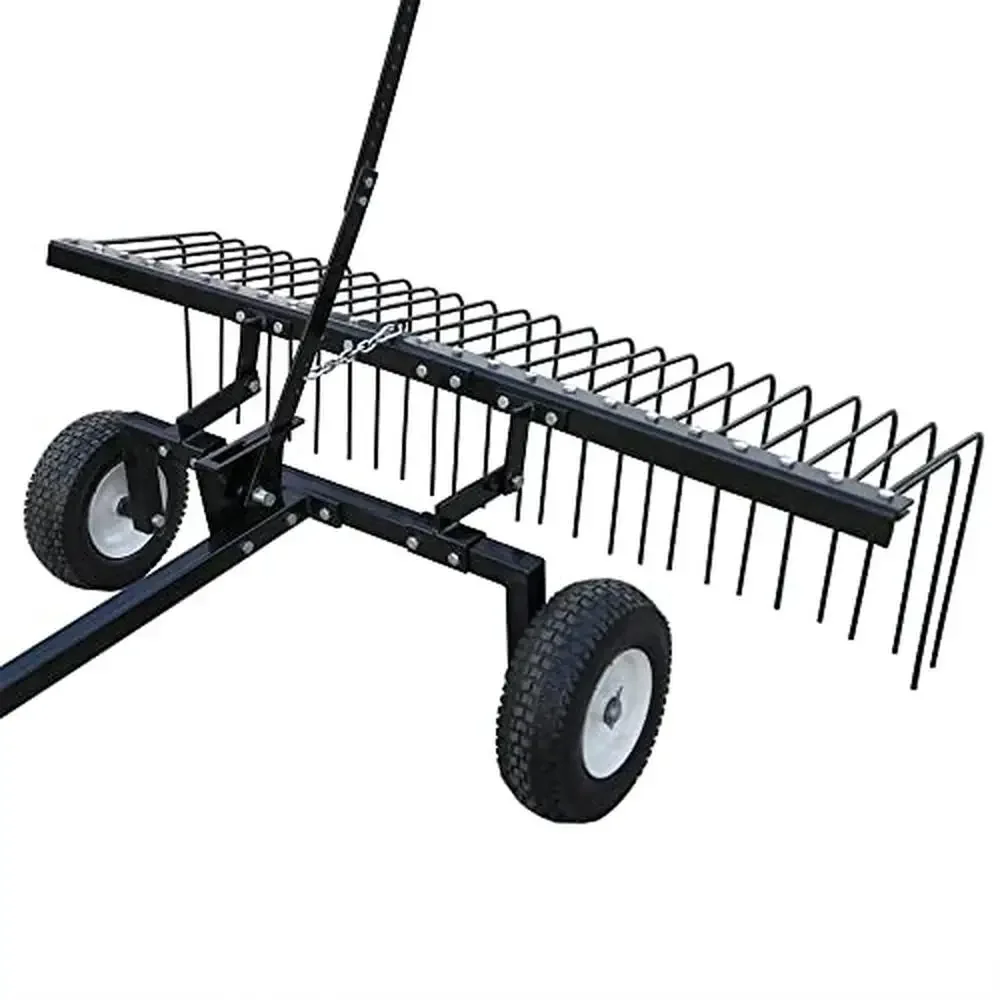 Tow Behind Lawn Tractor Rake 60 Inch Steel Landscape Rake with 12 Inch Pneumatic Tires Durable Spring Tines ATV UTV Hitch All