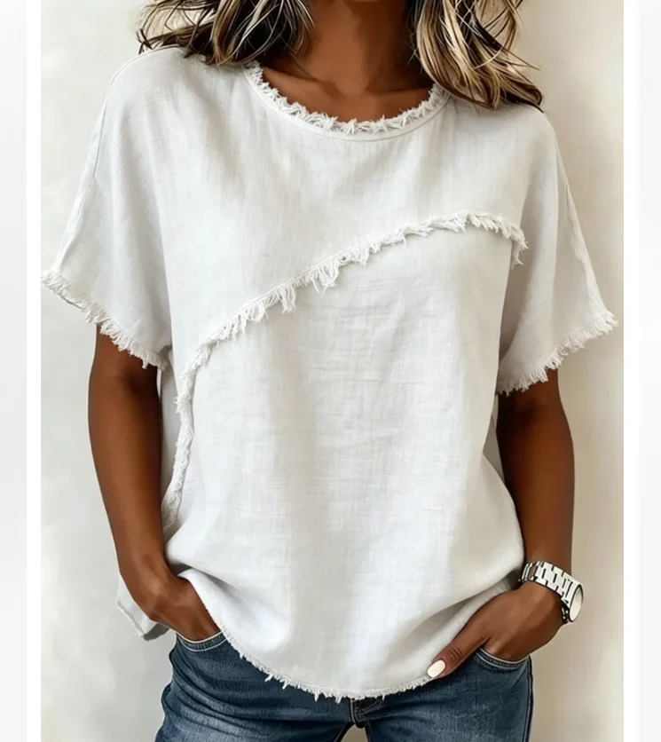 Women Summer New Round Neck Casual Blouse Shirt Panel Loose Cotton Linen Short Sleeve Top Tees Ladies Daily Streetwear Holiday