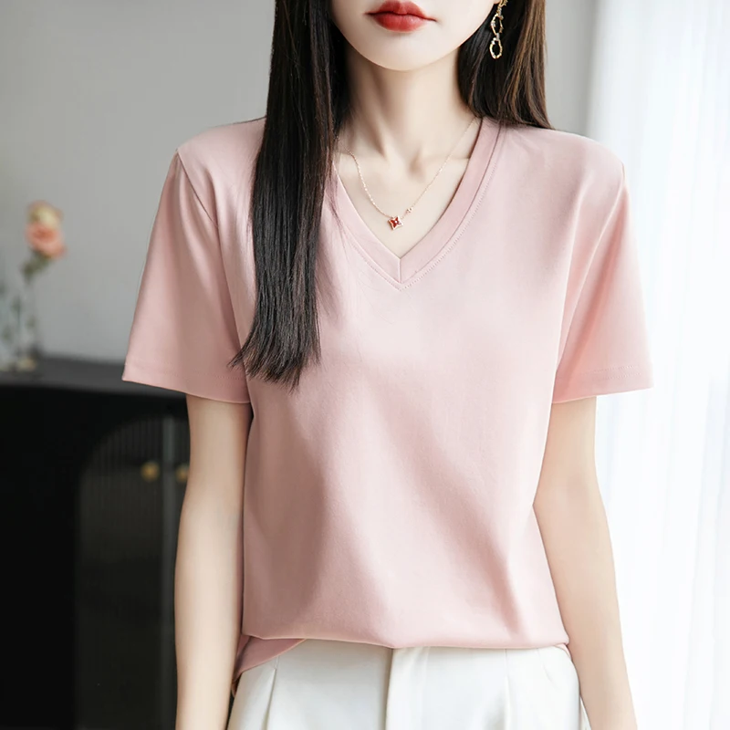 2026 Summer New Pure Cotton V-neck Short-sleeved T-shirt Women's Solid Color Joker Pullover Shirt with Loose Sleeve Bottom Shirt