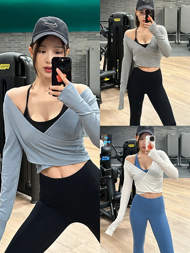 

Женская свободная футболка для йоги с длинным рукавом и V-образным вырезом, стандартной длины, для фитнеса и спорта, весна-лето