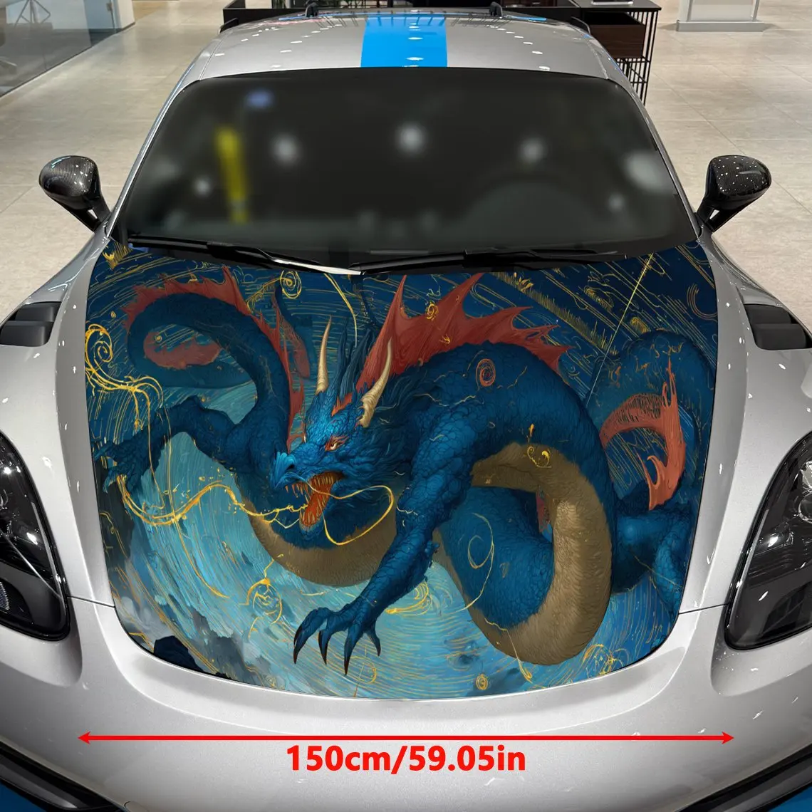 Blue Red Lightning Eastern Dragon Dominant Art PVC Car Hood Wraps, Self-Adhesive Waterproof Car Bonnet Decal Sticker, Car Decora