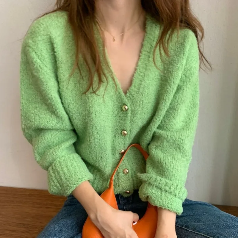

Casual Knitted Cardigan Cropped Coats Women Autumn Elegant V-Neck Single Breasted Sweater Lady Street Chic Outerwear Korean Chic