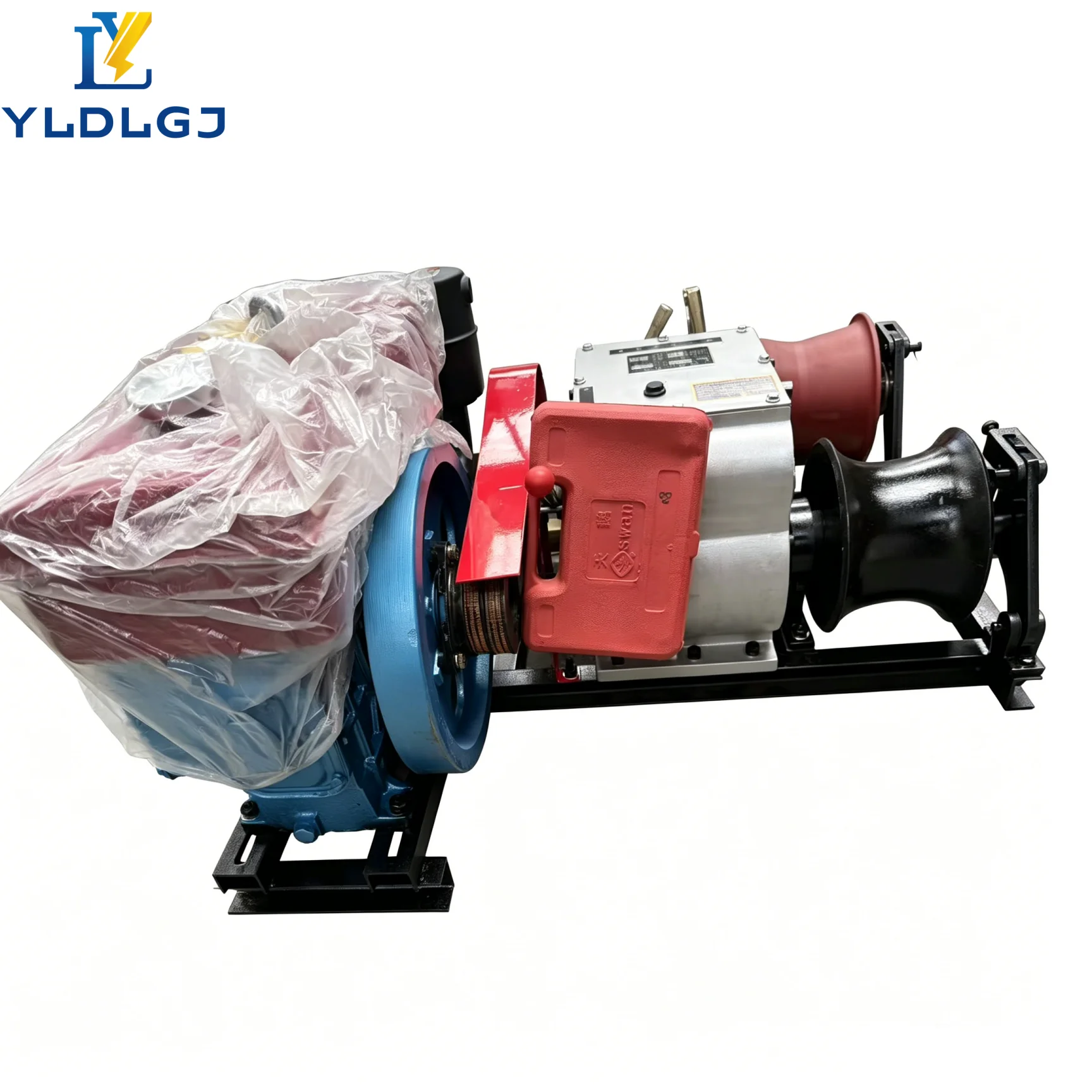 YILI 5T Belt Driven Hourglass Capstan Cable Winch  Engine Portable Dual Lever Control Red Frame Guard Builder Drum Pull