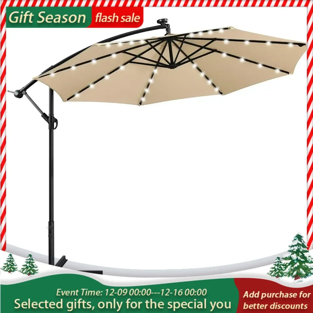Solar Offset Umbrella with 10FT 32 LED Lights Cantilever Outdoor Umbrellas Handy Crank & Cross Base for the Beach for Backyard
