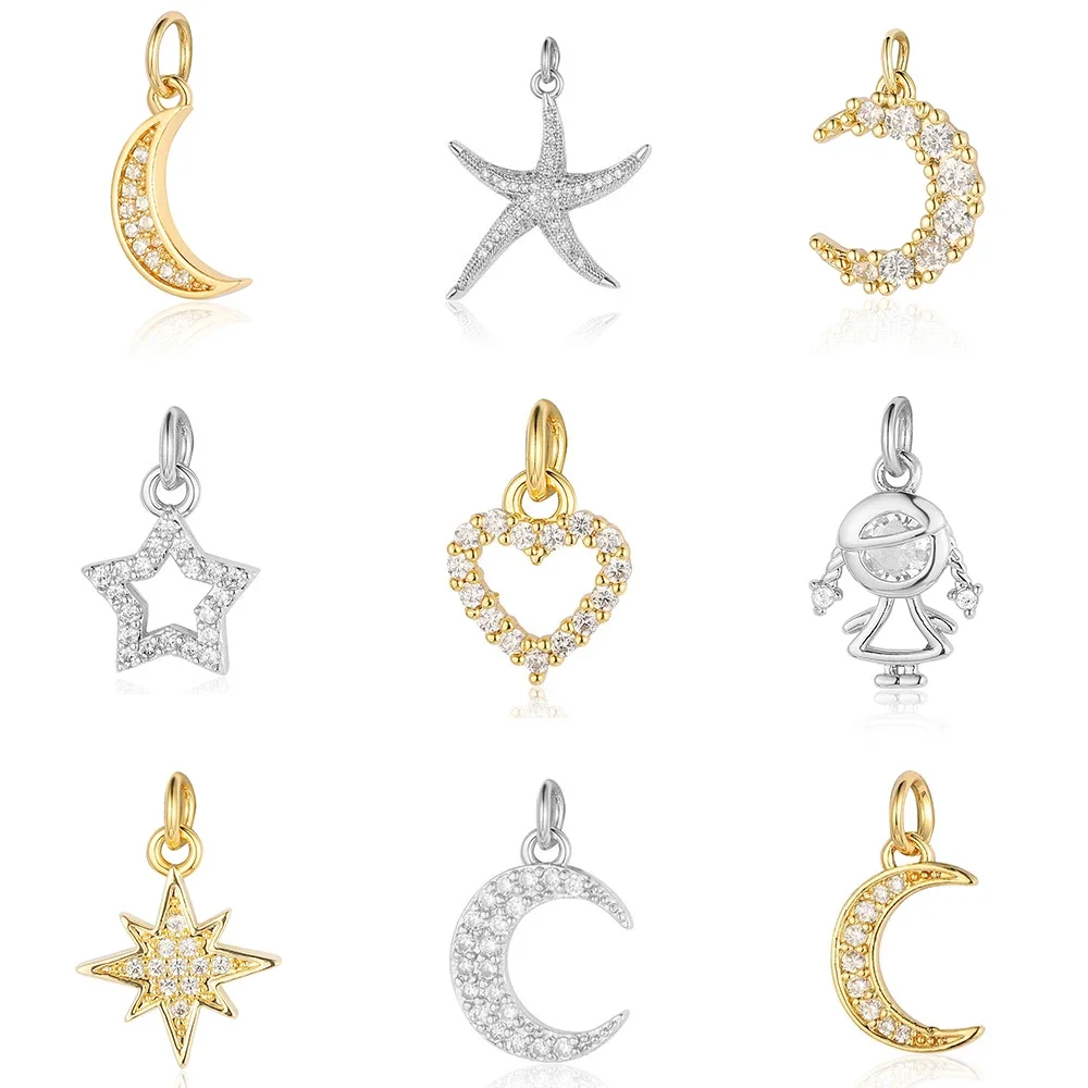 5pcs/Lot Moon Heart Copper Cubic Zircon Charms Hollow Star Crescent Girl Boy CZ Bracelet Earring Necklace Pendant Jewelry