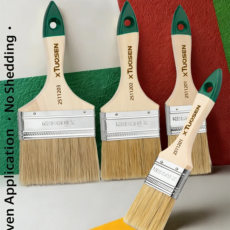 4-Piece Industrial Paint Brush Set, Natural Hog Bristle with Wood Handle, 1 2 3 4 Inch Sizes, Lint-Free for Smooth Finishing