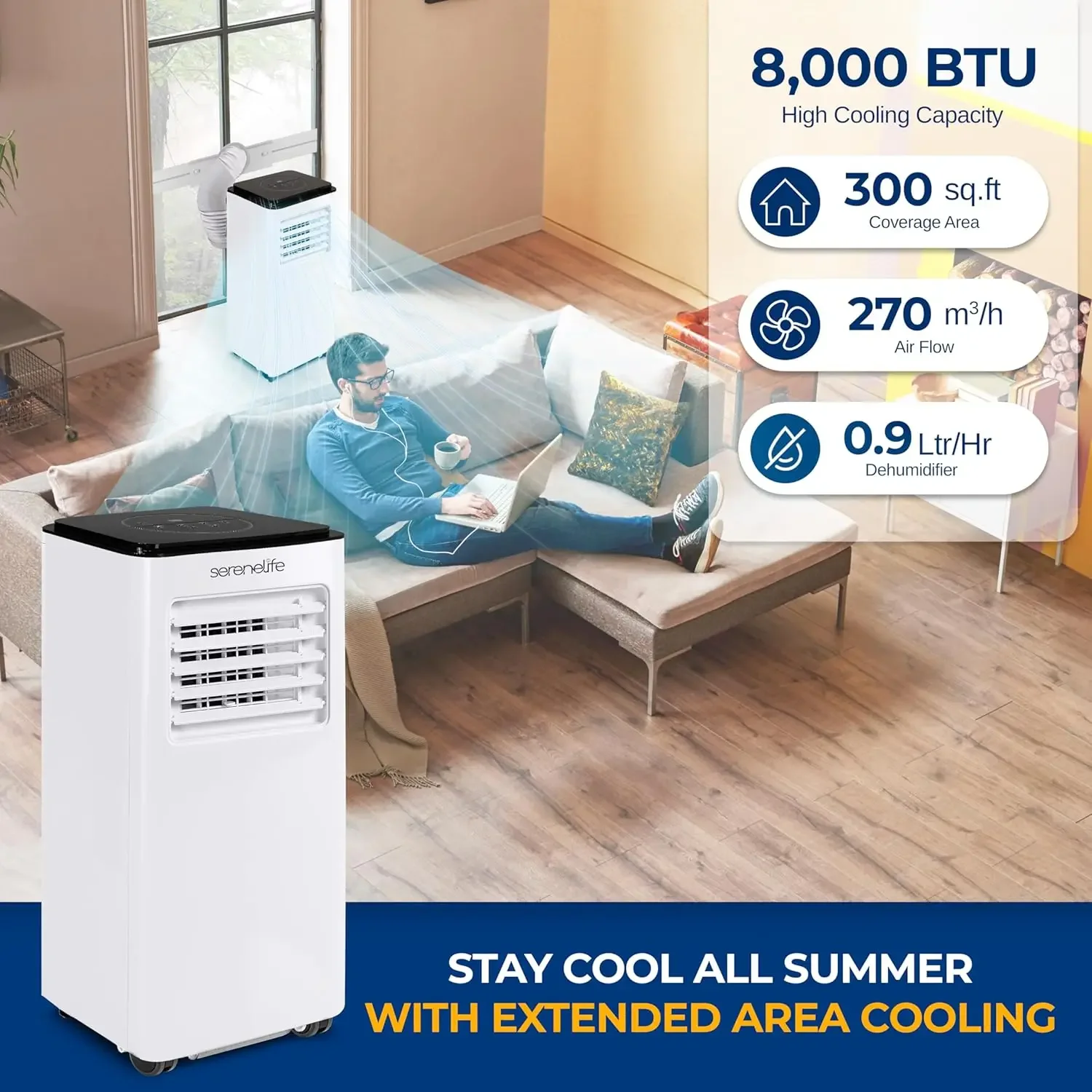 SLACP803 Single Duct Portable Air Conditioner-8000 BTU Capacity (Ashrae) Compact Home A/C Cooling Unit with Built-in Dehumidifie