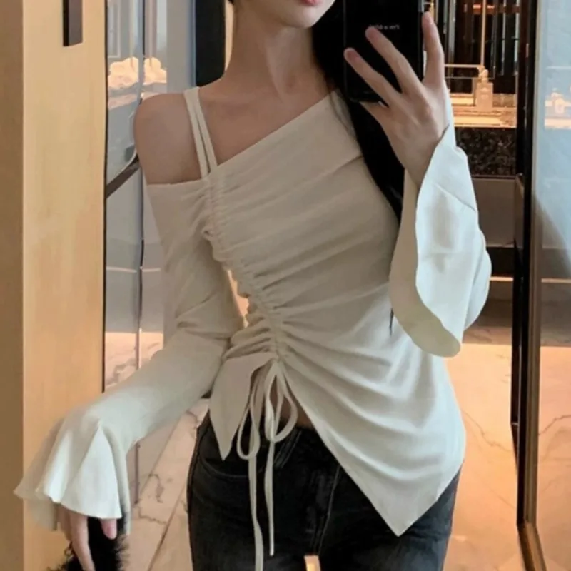 Pure Desire Style Irregular Fashion Hot Girl Tight Top For Women Lotus Leaf Sleeves Cinched Waist Off-the-shoulder Base Layer
