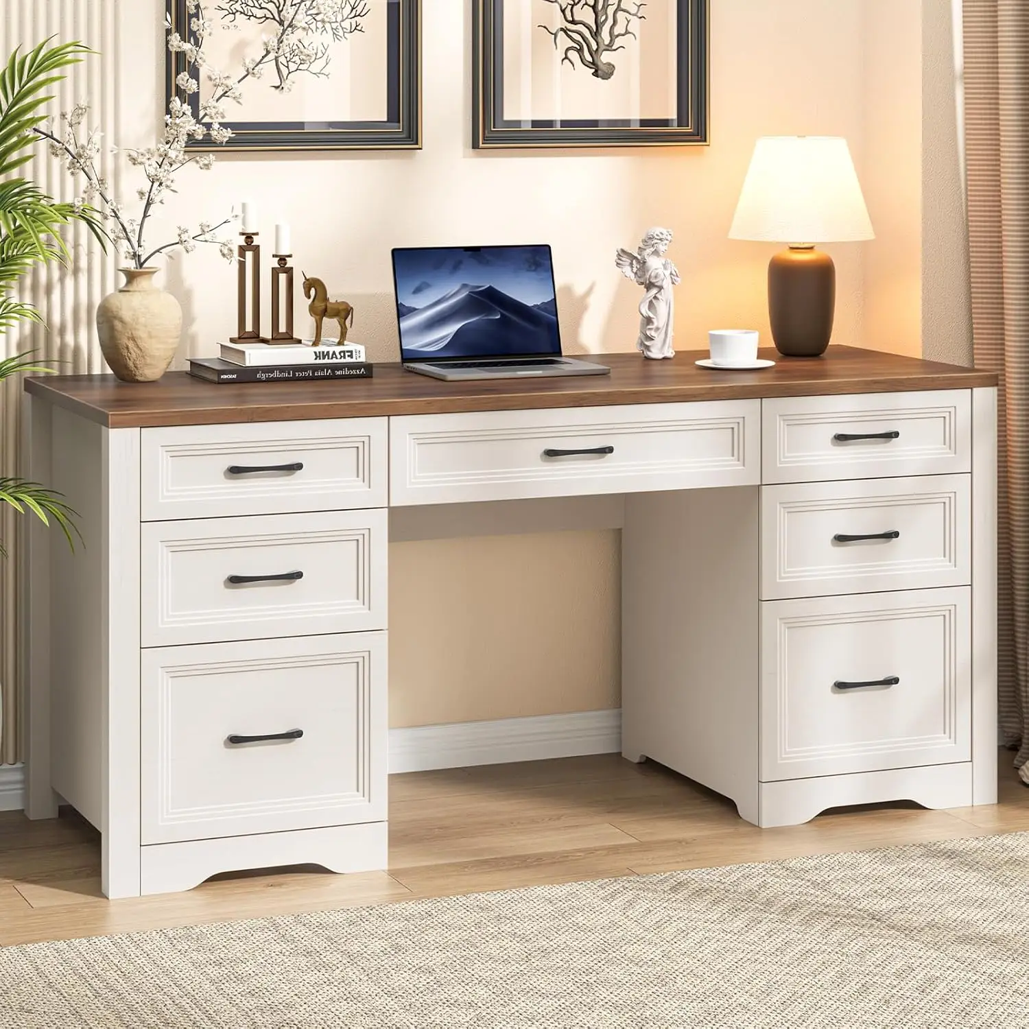 

Wood Home Office Desk with 2 Large File Drawers and 5 Storage Cabinets, Rustic Writing Desk for Work and Study, Brown