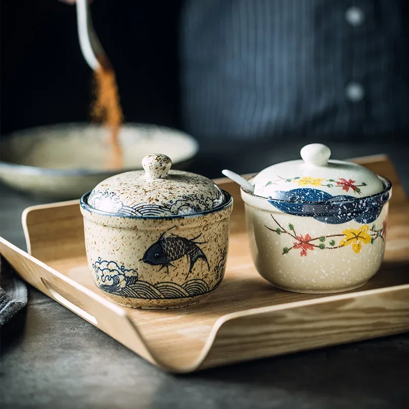 1pcs Ceramic Seasoning Jar with Lid and Spoon Kitchen Spice Jars for Salt/Sugar/Pepper/Tea Japanese Style Condiment Storage Box