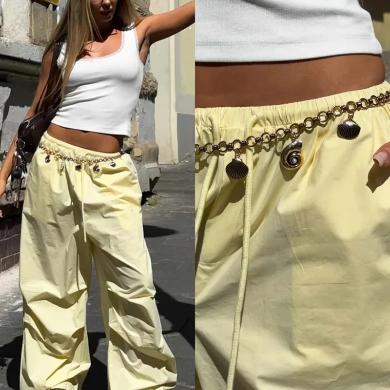 

2025 Autumn Women Cargo Pants Yellow Cotton Baggy Trousers Low Waist Drawstring Elastic Waist Wide Leg Streetwear Long Pants New