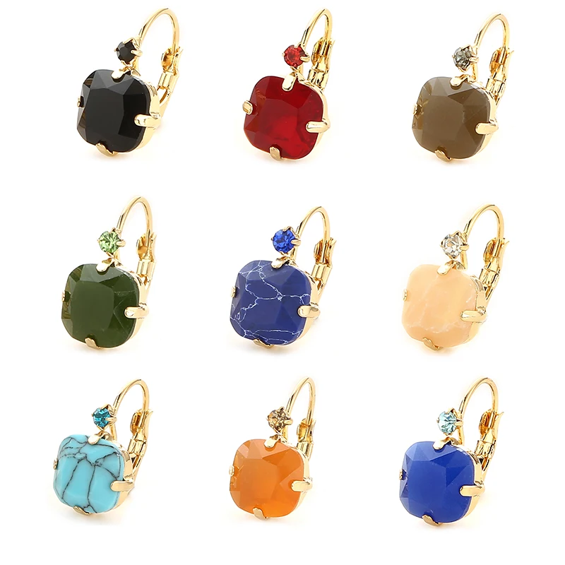 

Classic Luxury Jewelry Cute Women Gift Fat Square Multi Color Section Stone Clip Claw Rhinestone French Clip Charm Gold Earrings