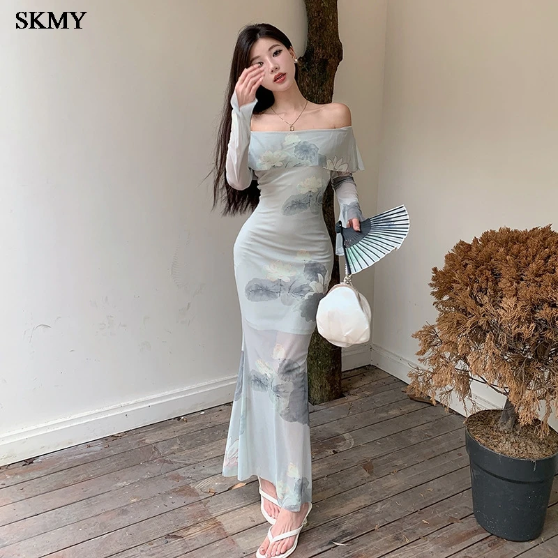 

SKMY 2025 Summer Floral Cheongsam Dress - Slim Fit Bodycon with Sheer Mesh, Elegant Chinese Style Sexy Evening Gown