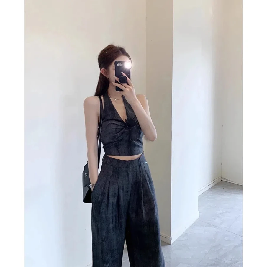 American Sweet and Cool Neck Hanging Vest Short Top Age Reducing Sexy Loose Pants Slimming Women's High-end Matching Set