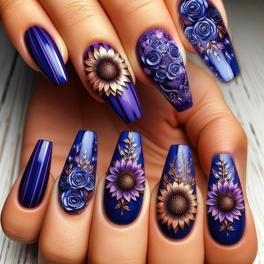 24pcs/Set Medium Long Ballet Nail Tips Press-On False Nails with Heart Pink Cherry Blossom Blue Green Purple Flower feather tips