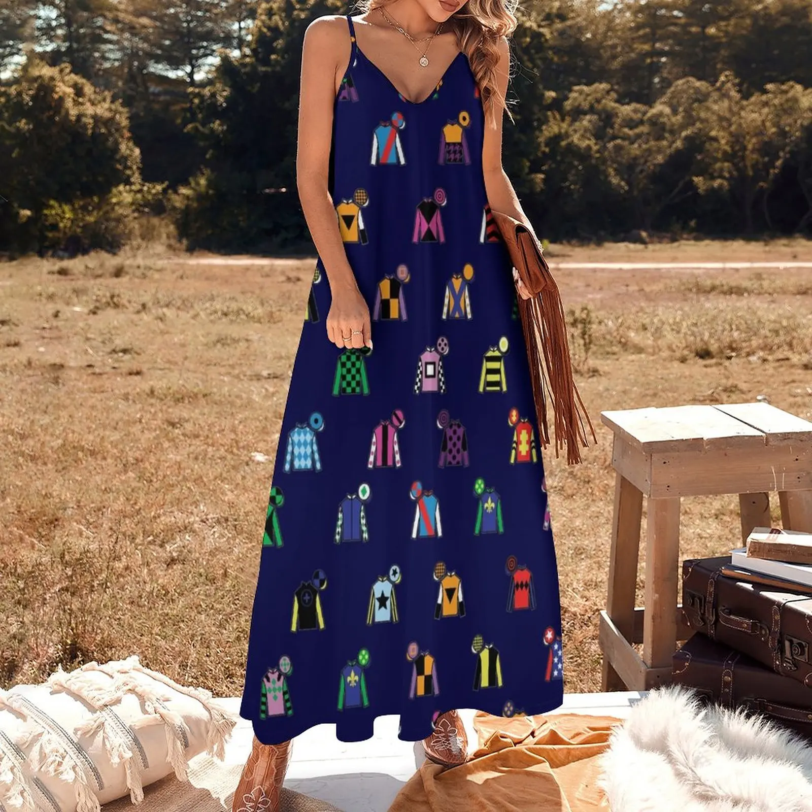 Horse Racing Colorful Jockey Silk Print Sleeveless Dress clothes Long dress