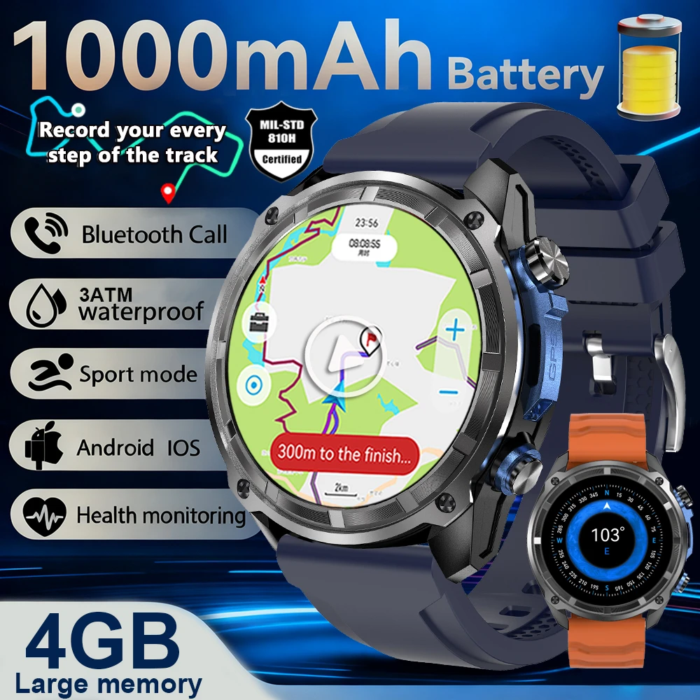 

New GPS Smartwatch Offline Maps 4GB Memory Video Player Military Sports Smart bracelet Men 50m Swimming Waterproof Sapphire
