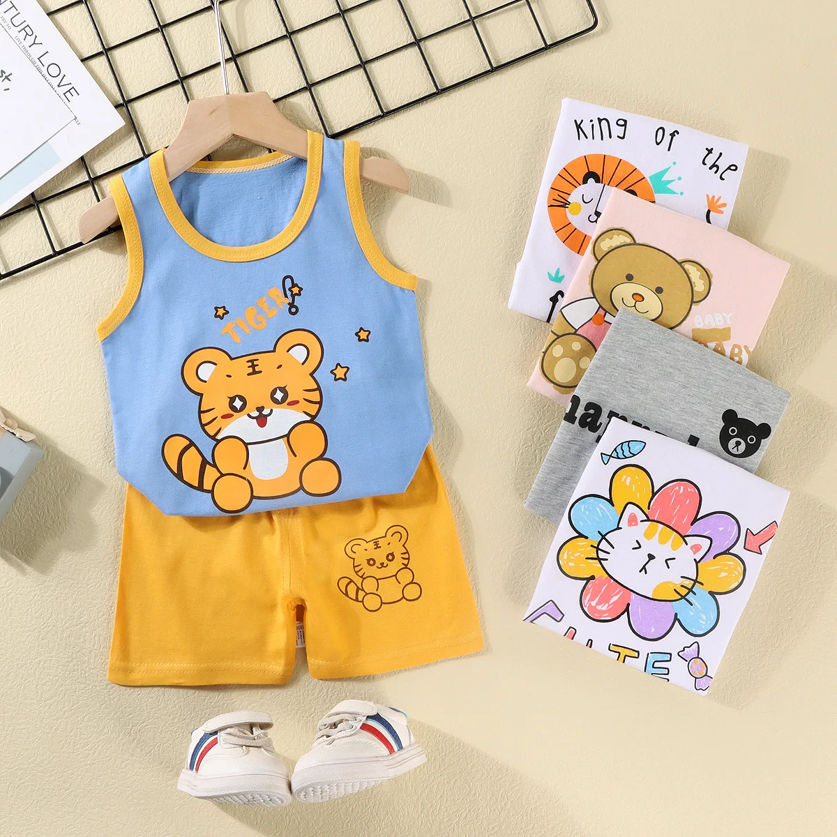 

2025 New Summer Children Cotton Vest Suit Boys Girls Sleeveless Clothing Set Baby Casual Cute 2-Piece Suit Kids Clothes