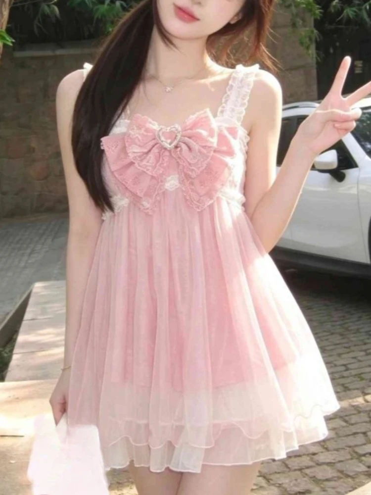 Japanese Sweet Kawaii Fashion Dress Women Chic Bow Design Y2k Elegant Mini Dress Harajuku Cute Pink Casual Sexy Outfits 2026 New