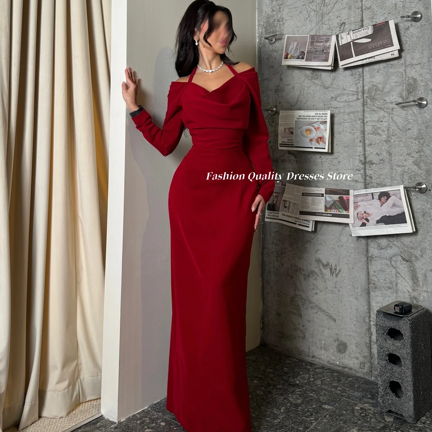 

Вечерние платья с длинными рукавами и складками Платье для выпускного вечера Атласное красное свадебное платье для гостей فستان سهرة نسائي на заказ