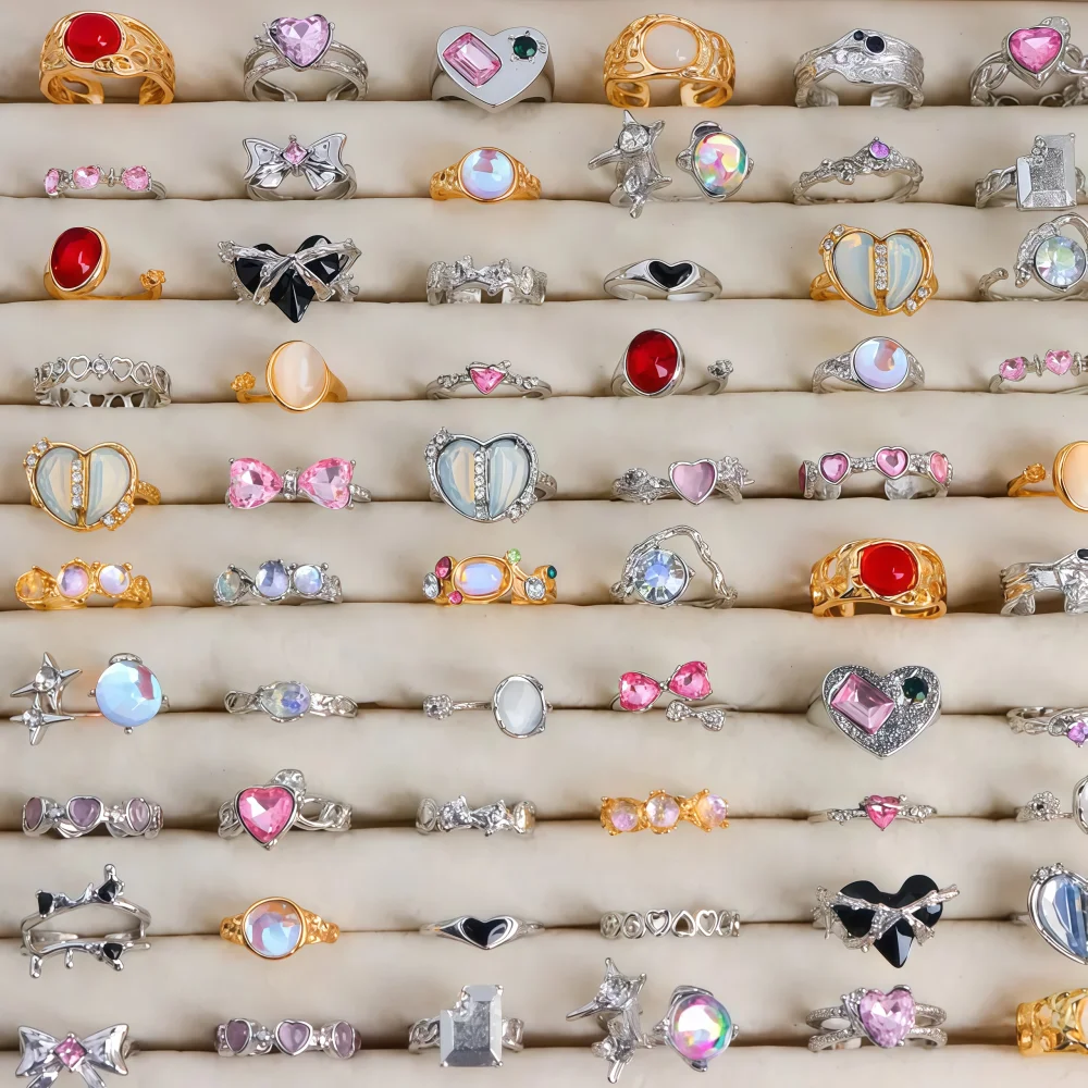 6/12/24/48/60/100Pieces Fashion Cat Eye Opal Rings Set For Women Mix Style Heart Open Adjustion Daily Jewelry Party Gifts