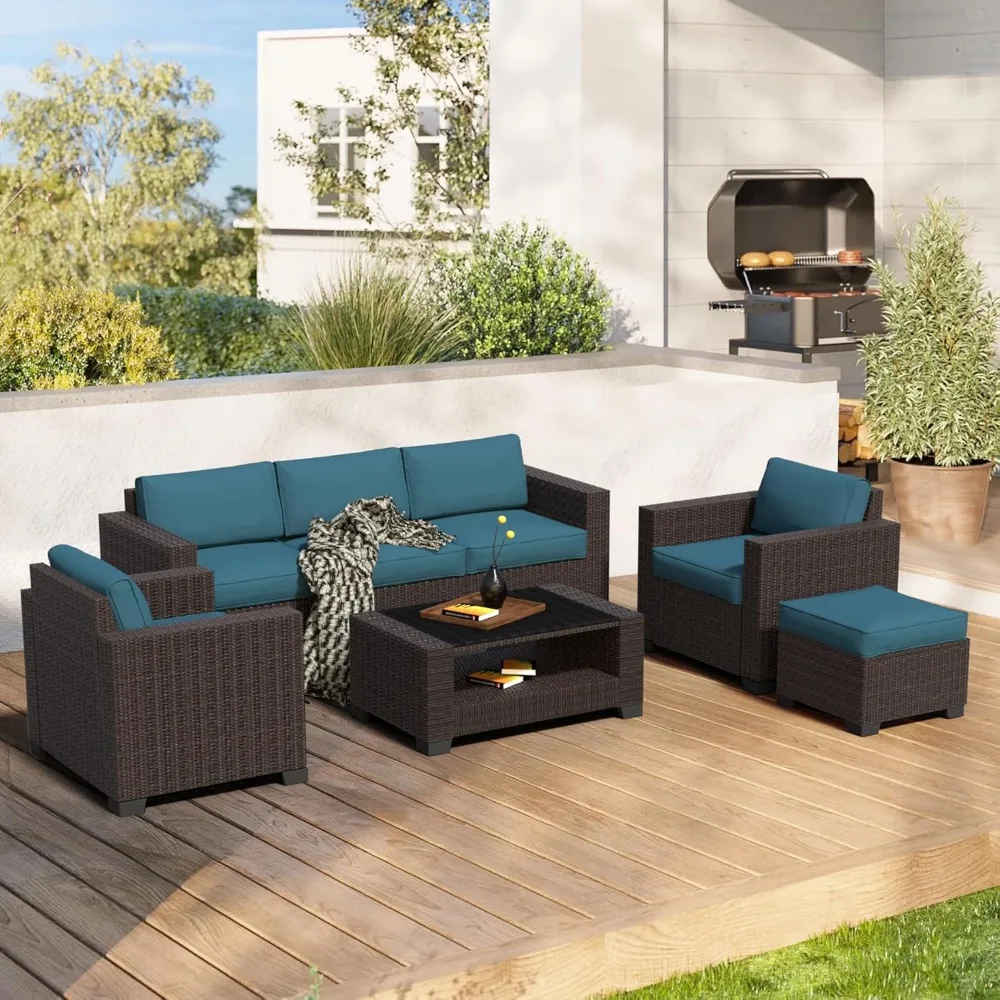 

7-Piece Outdoor Sectional Patio Furniture Set, All-Weather Wicker Rattan Sofa w/Thick Washable Cushions & Tempered Gla